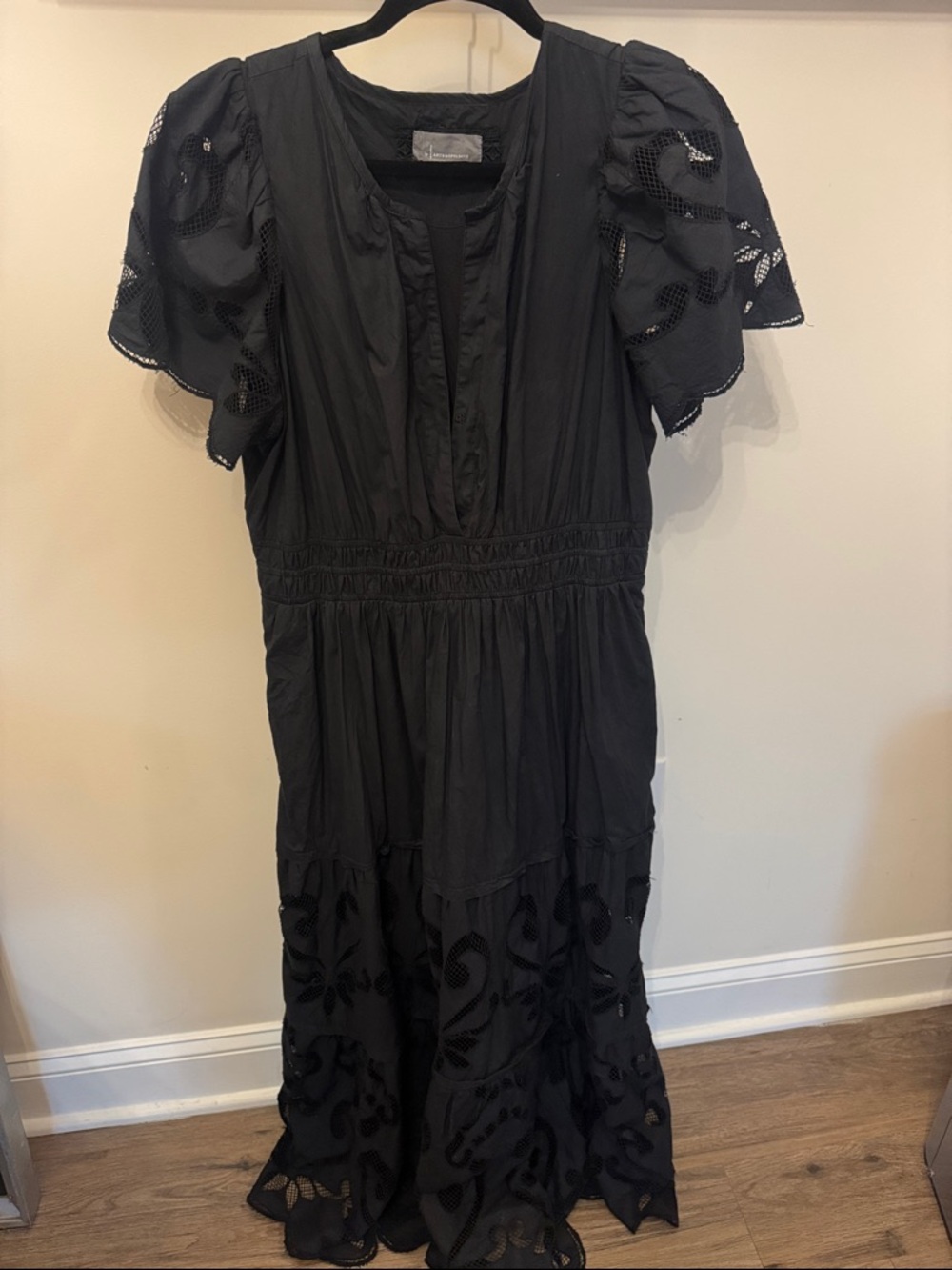 Anthropologie Black Eyelet Midi Dress with Puff Sleeves